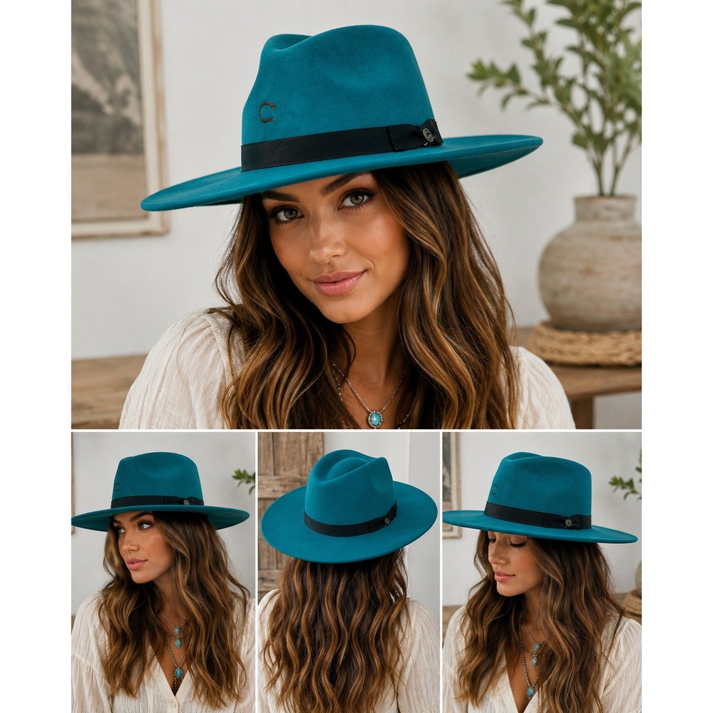 Charlie 1 Horse Highway Felt Fedora Hat Teal Blue Medium C Logo Wide Brim